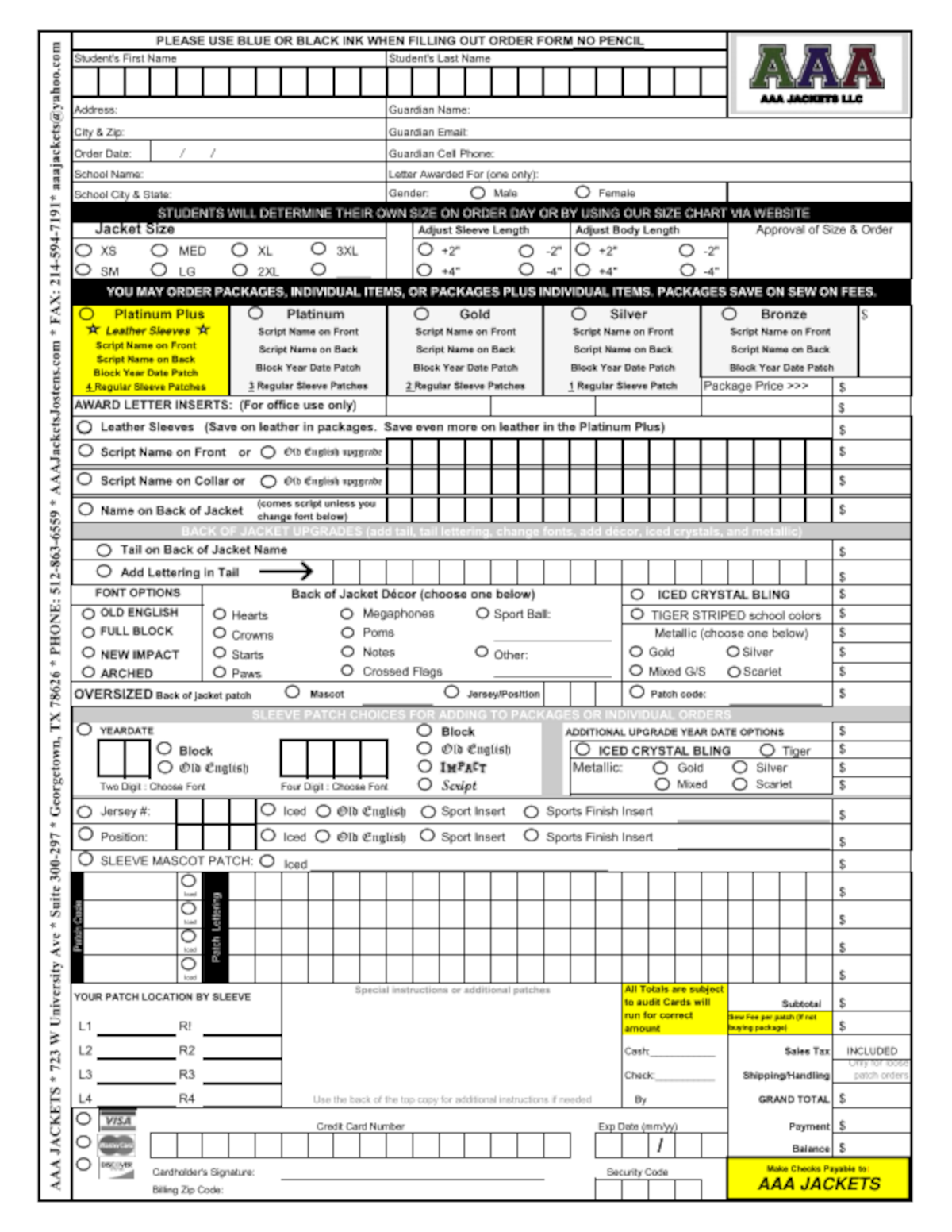 Printable Order Form AAA Jackets Jostens1200